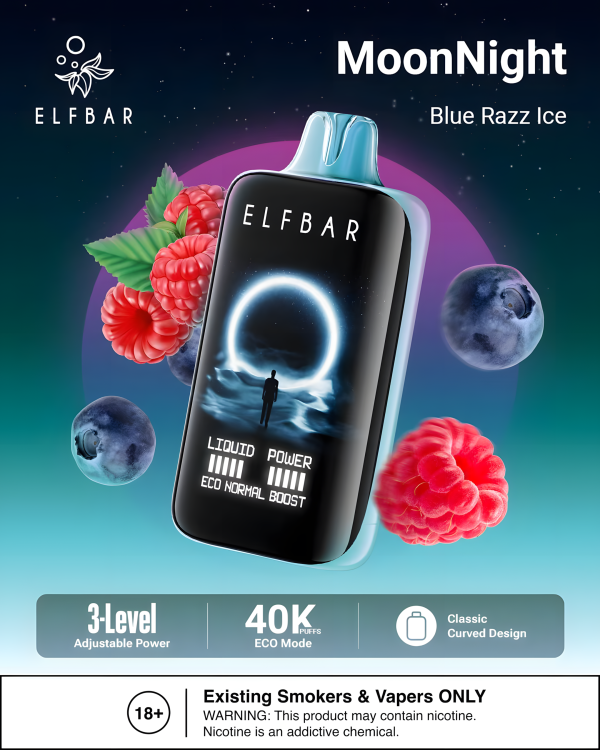 ELF BAR MOON NIGHT 40000 BLUE RAZZ ICE 5% RECHARGEABLE