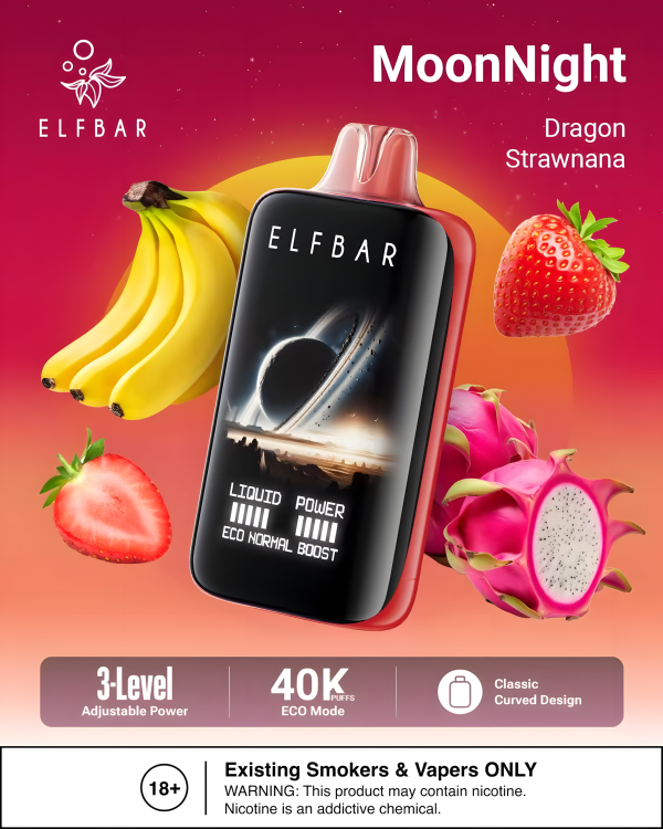 ELF BAR MOON NIGHT 40000 DRAGON STRAWNANA 5% RECHARGEABLE